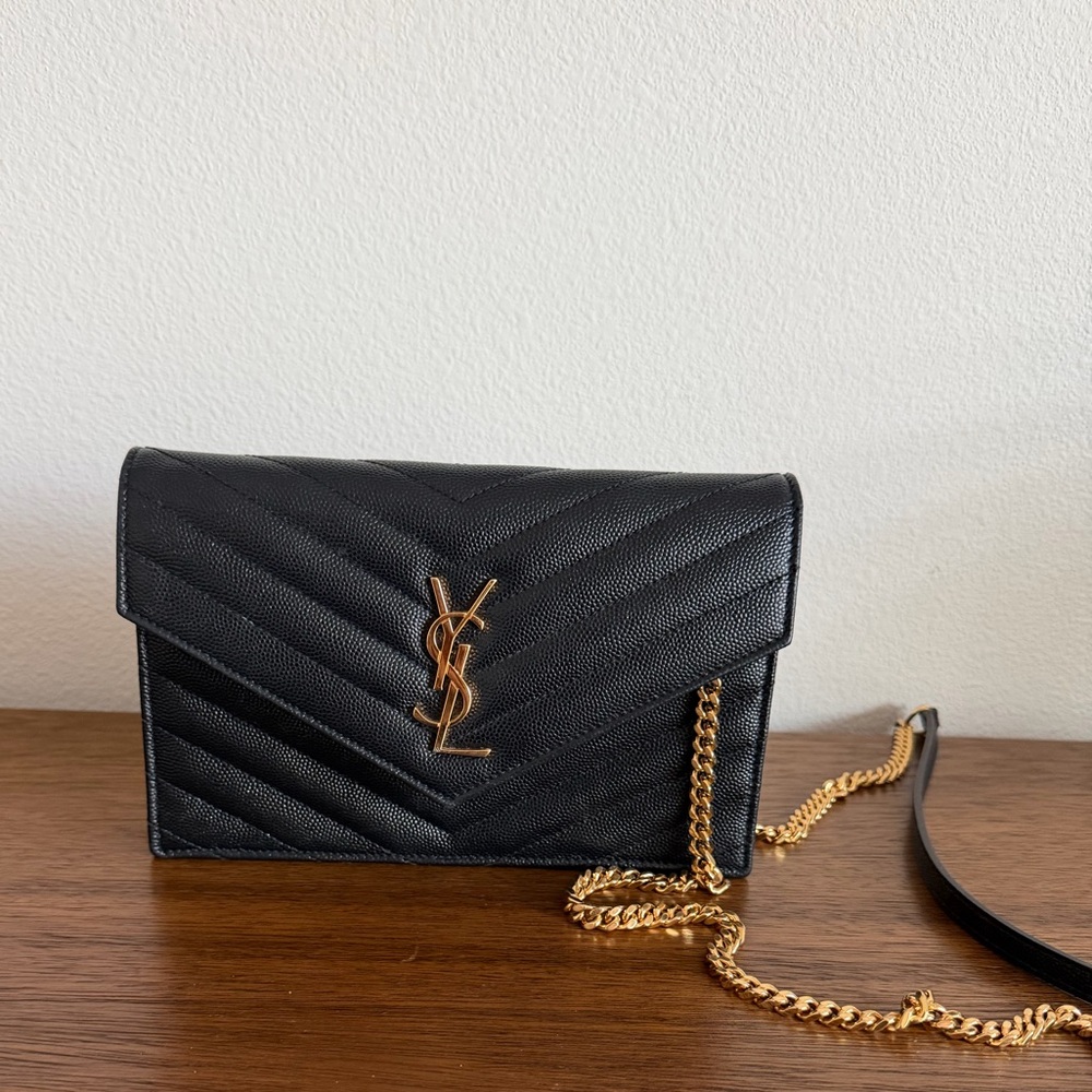 Saint Laurent Black Quilted Leather Crossbody with Gold Chain